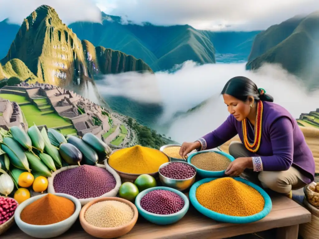 Un mercado peruano con ingredientes autóctonos y coloridas interacciones culturales