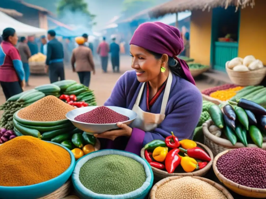 Mercado peruano con ingredientes indígenas vibrantes y vendedores locales en trajes tradicionales