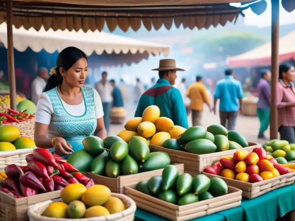 Un mercado peruano lleno de color con mango y ají para la receta de refresco peruano