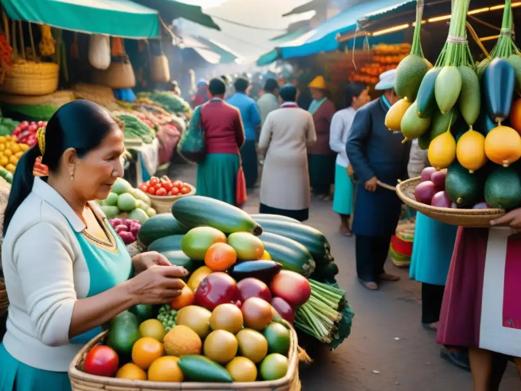 Un mercado peruano lleno de color y vida, destacando la diversidad de frutas y vegetales frescos, con la caigua como protagonista