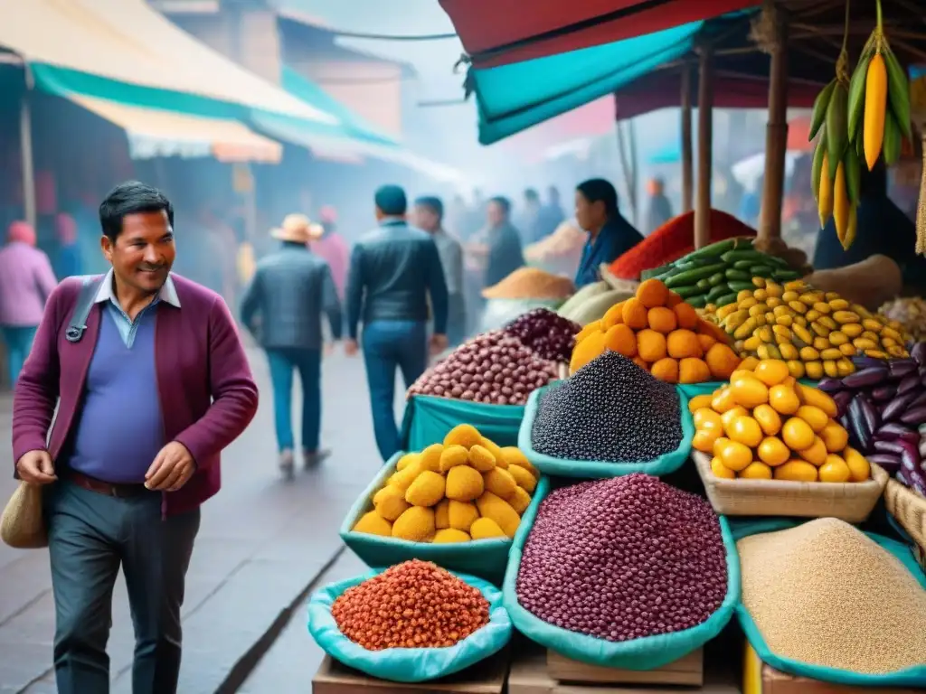 Mercado peruano lleno de color y vida, con ingredientes autóctonos y vendedores locales en una escena gastronómica vibrante