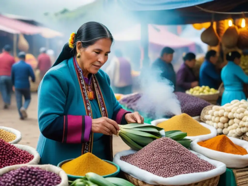 Mercado peruano lleno de colores con ingredientes autóctonos