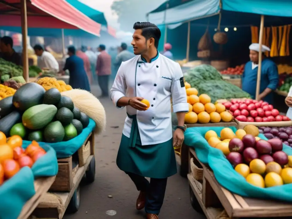 Mercado peruano lleno de colores vibrantes y chefs unidos en Inclusión social gastronomía Perú