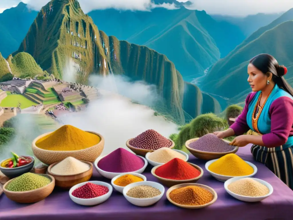 Un mercado peruano lleno de colores y sabores autóctonos, con vendedores locales y mujeres en trajes tradicionales