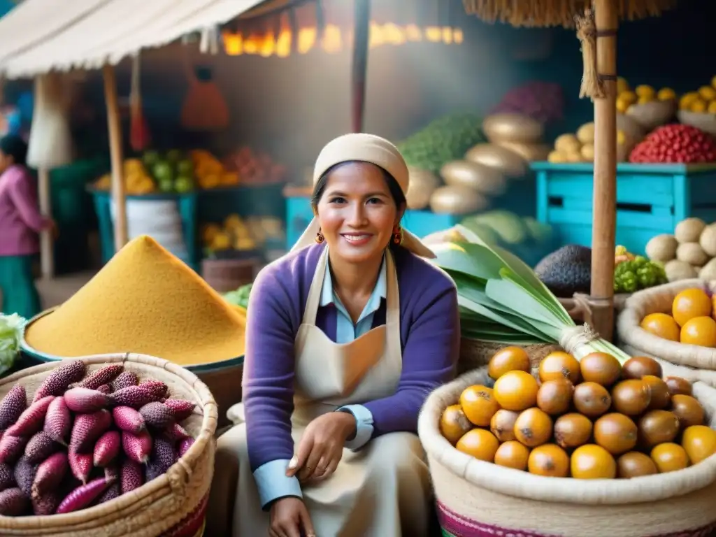 Un mercado peruano lleno de colores vibrantes y productos autóctonos