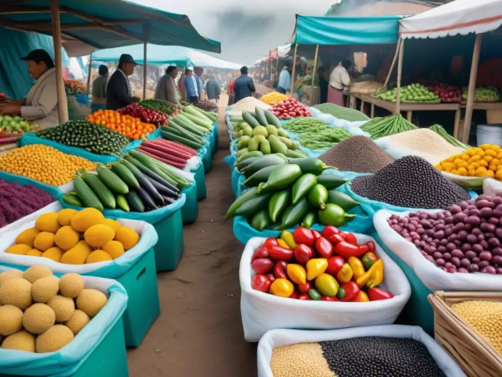 Un mercado peruano lleno de colores y sabores, con vendedores apasionados y clientes ansiosos