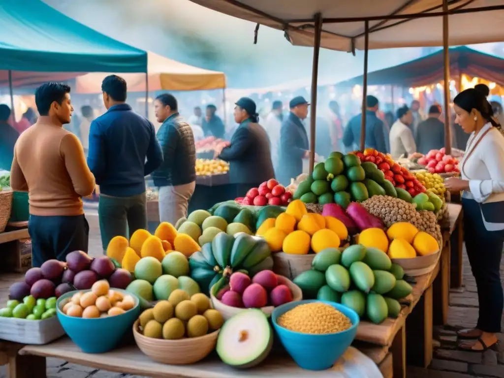 Mercado peruano lleno de coloridas frutas exóticas, platos tradicionales y vendedores locales