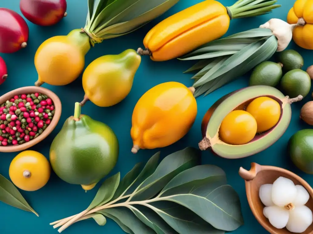 Un mercado peruano lleno de coloridas frutas y especias autóctonas, con los Andes de fondo