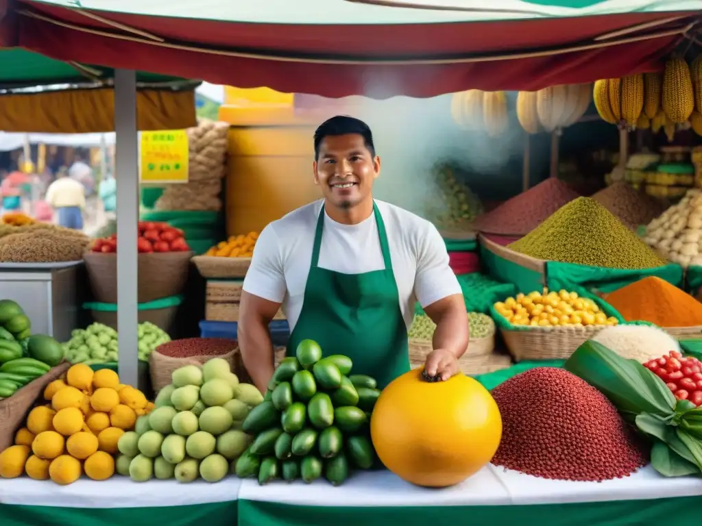 Un mercado peruano lleno de coloridos ingredientes y frutas frescas como maracuyá