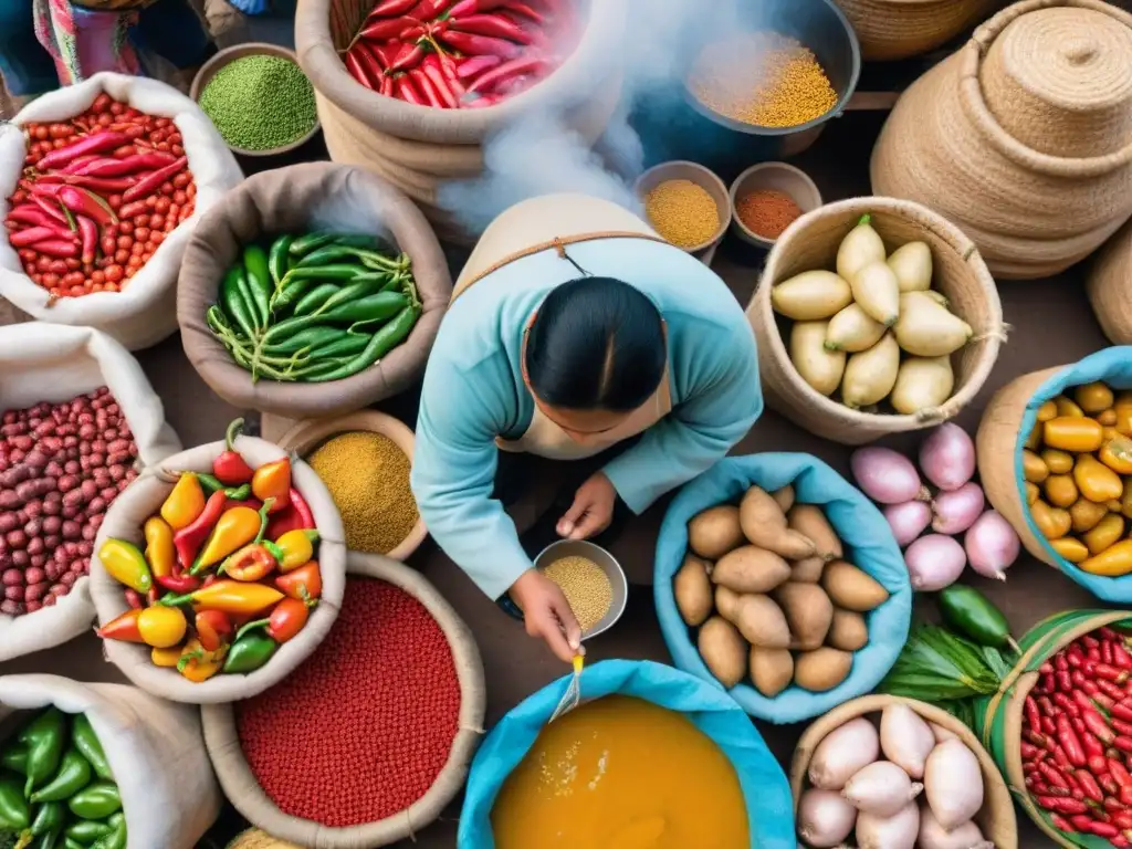 Un mercado peruano lleno de coloridos secretos del ají de gallina, con vendedores locales y un chef preparando la delicia culinaria