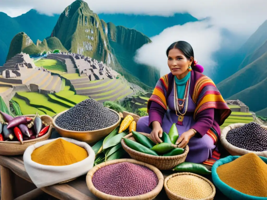 Un mercado peruano lleno de vida y color, con ingredientes autóctonos