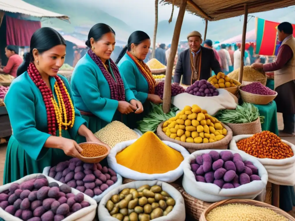 Mercado peruano lleno de vida con ingredientes autóctonos y vendedores locales en trajes tradicionales