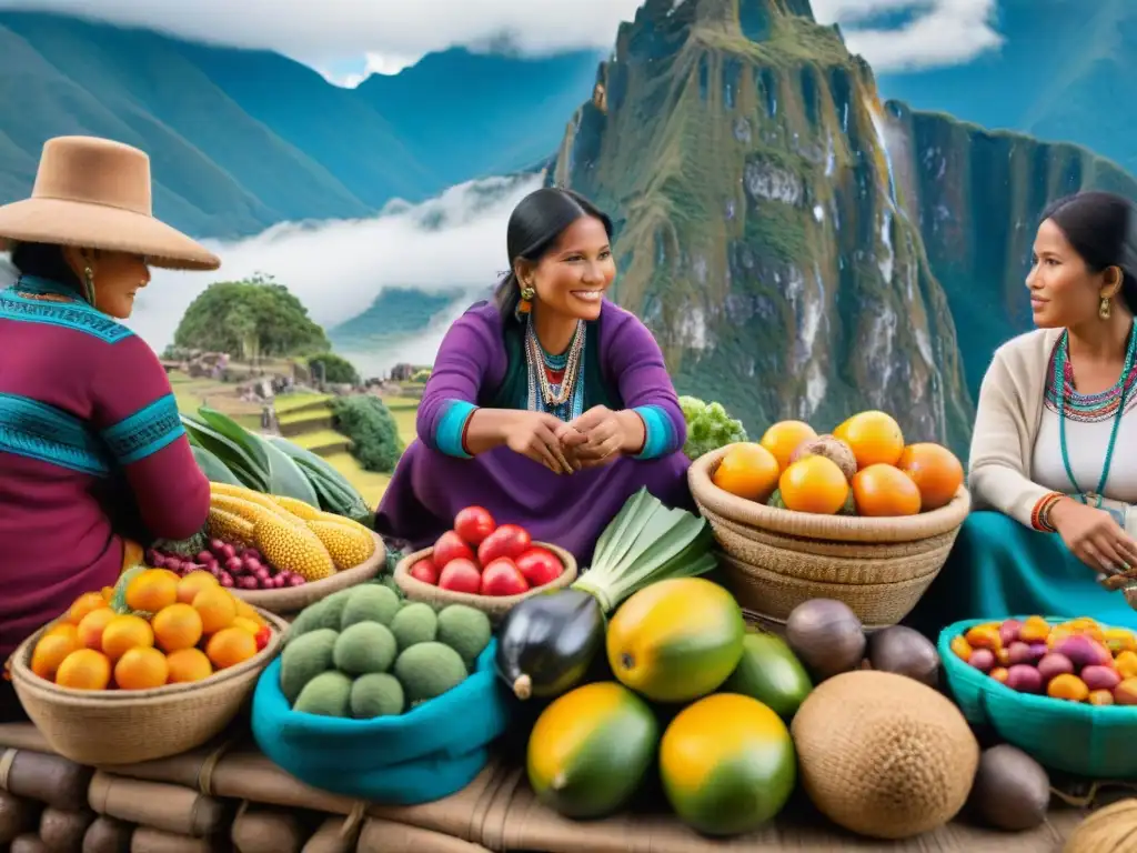 Mercado peruano lleno de vida con frutas y verduras coloridas