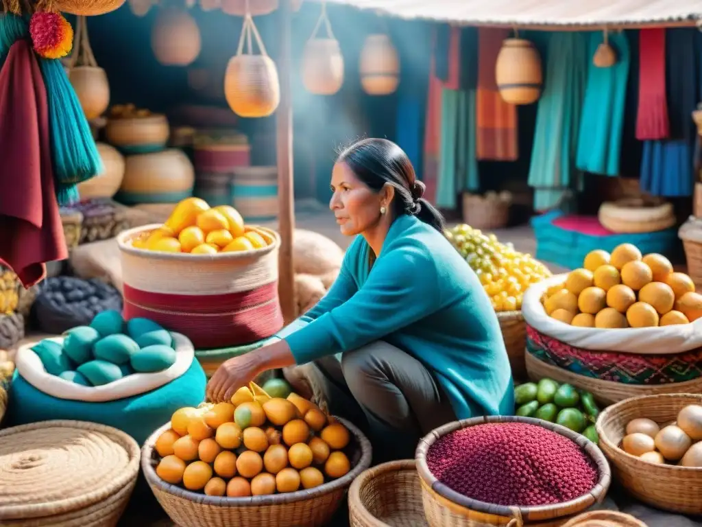 Mercado peruano lleno de vida con tumbo peruano en cestas coloridas, tejidos andinos y cerámica, bañado en luz dorada