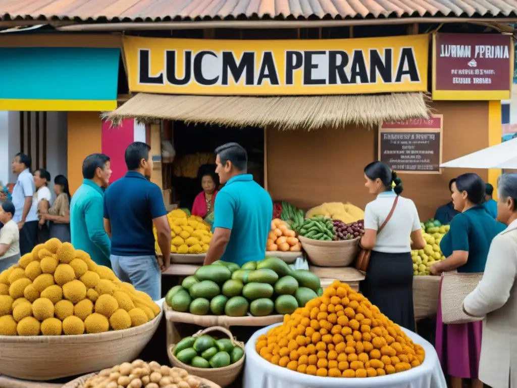 Mercado peruano lleno de vida con exhibición de lúcumas en cestas bajo un letrero rústico