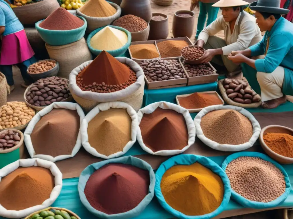 Explora un mercado peruano lleno de vida y color, con productos de cacao y la demanda mundial