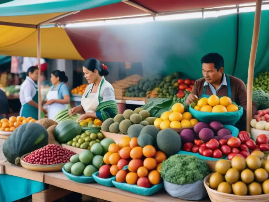 Un mercado peruano lleno de vida y color, ofreciendo una variedad de frutas, verduras, hierbas y especias autóctonas