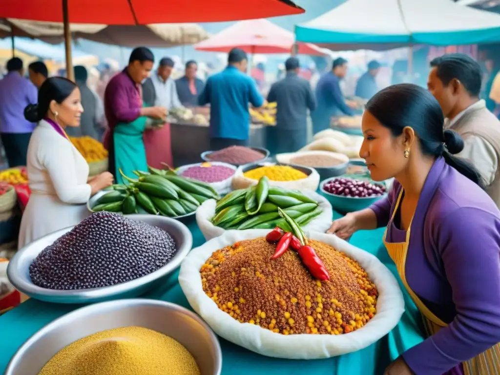 Un mercado peruano lleno de vida y color con ingredientes autóctonos