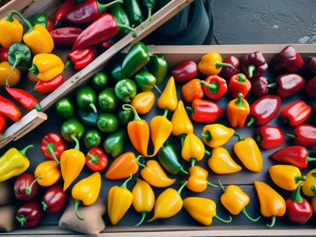 Un mercado peruano lleno de vida con ají amarillo y rocoto, destacando sus colores y formas