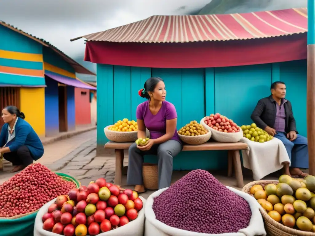 Un mercado peruano lleno de vida, con vendedores y frutas camu camu vibrantes