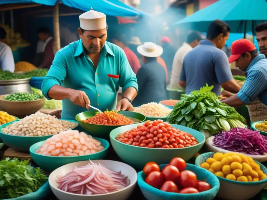 Mercado peruano con menaje para preparar ceviche en casa: vegetales frescos, mariscos y ambiente auténtico