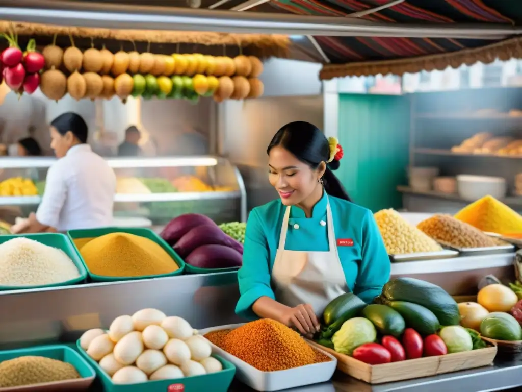 Un mercado peruano con menús en diseño gráfico y gastronomía auténtica, colores vibrantes y productos frescos