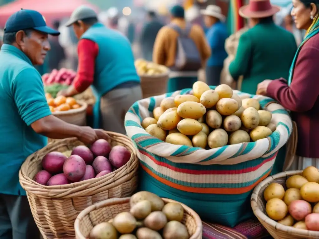 Mercado peruano con papas peruanas en la gastronomía: cestas de colores, vendedores y clientes interactuando