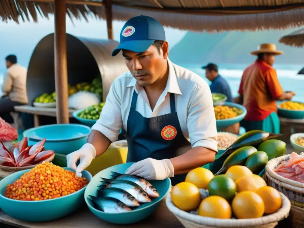 Mercado peruano con pescado fresco y frutas cítricas, reflejando el origen y evolución del ceviche