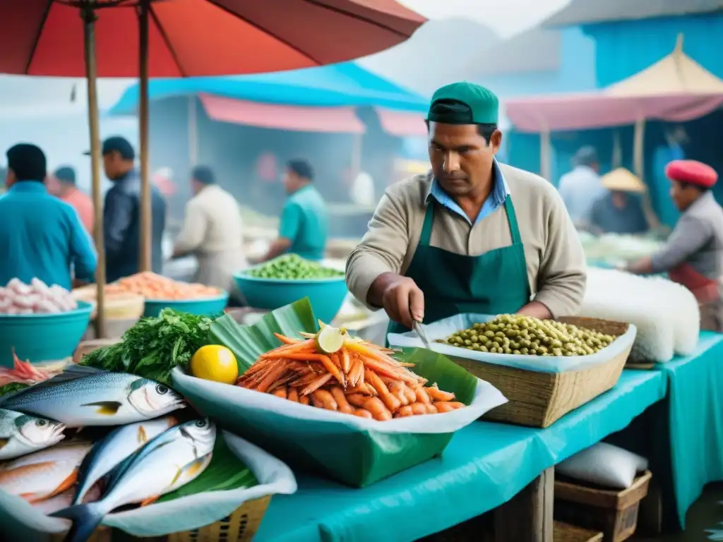 Mercado peruano con pescadores locales y mariscos frescos, ceviche sostenible ingredientes autóctonos