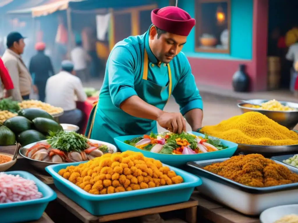 Mercado peruano con platos tradicionales y colores vibrantes, reflejando la rica gastronomía peruana