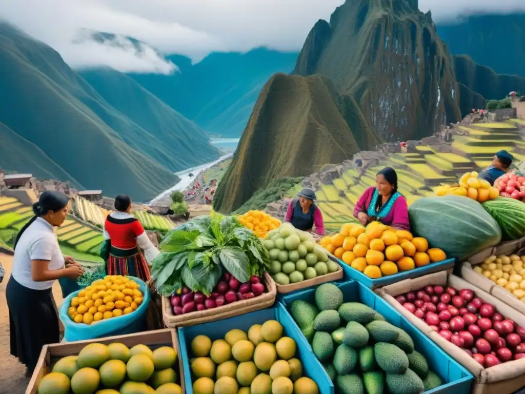 Mercado peruano con productos coloridos y vendedores locales en la base de los Andes