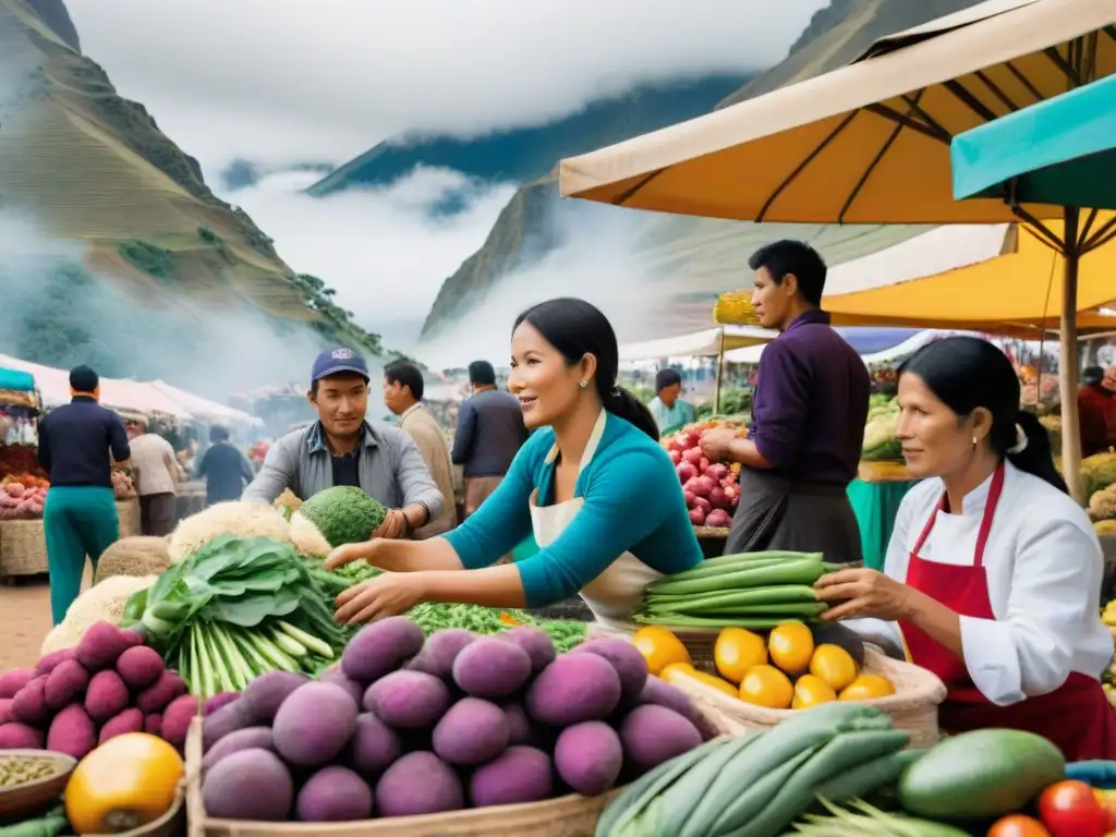 Mercado peruano con puestos coloridos llenos de productos frescos y chefs de startups gastronomía peruana innovadoras