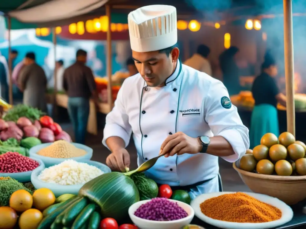 Mercado peruano con puestos coloridos, chef preparando ceviche y espectadores