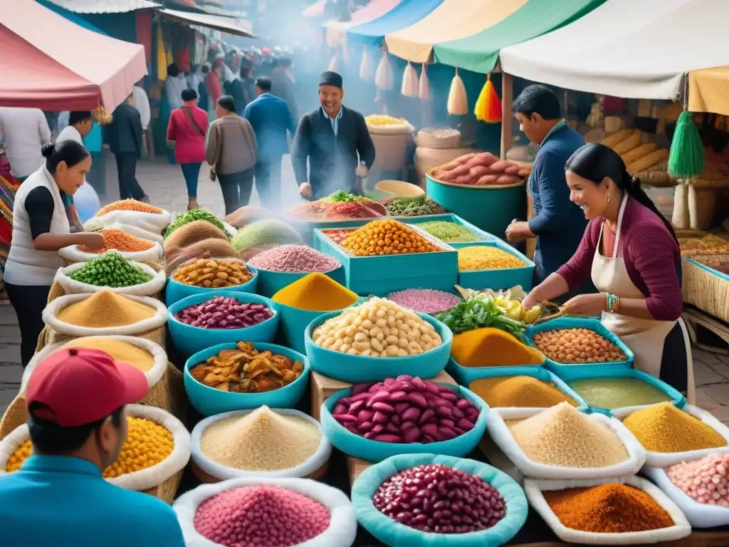 Mercado peruano con puestos coloridos de gastronomía peruana platos tradicionales, gente sonriendo y ambiente vibrante