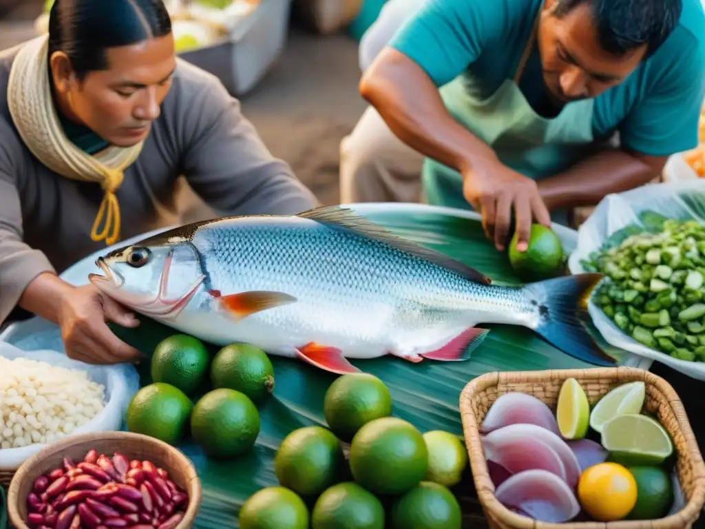 Mercado de pescado peruano: frescura y colorido En un mercado peruano, puestos de pescado fresco y ingredientes para ceviche
