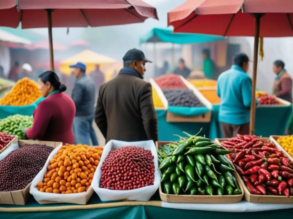 Un mercado peruano rebosante de ajíes raros en vibrantes colores y formas, reflejando la cultura culinaria