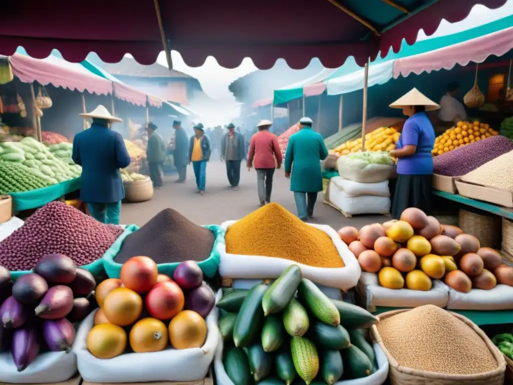 Un mercado peruano rebosante de color y vida, donde chefs eligen ingredientes para sus creaciones culinarias