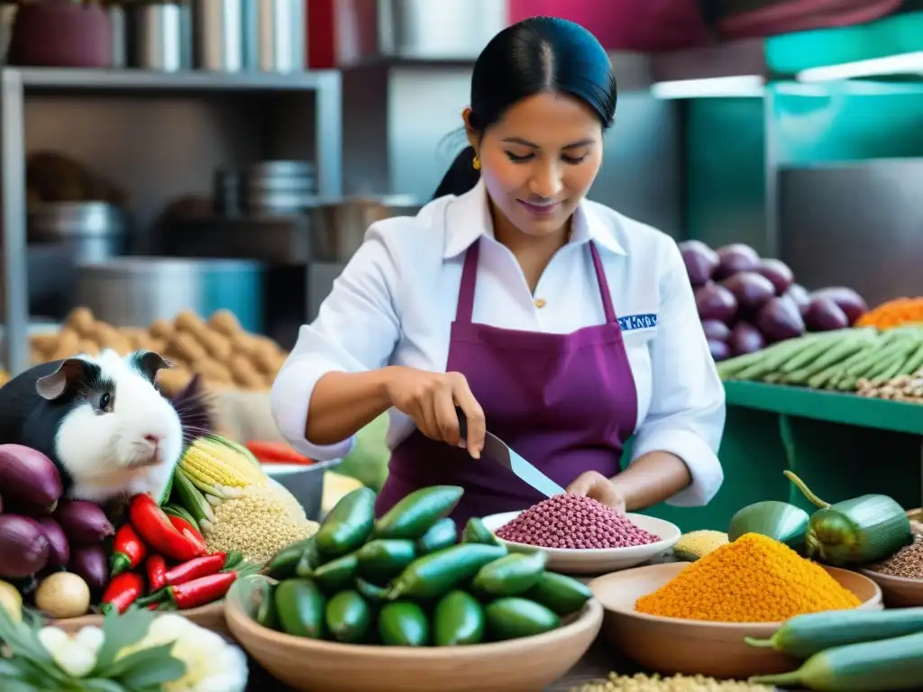 Mercado peruano rebosante de color y vida, con mujeres indígenas preparando ceviche y cuy