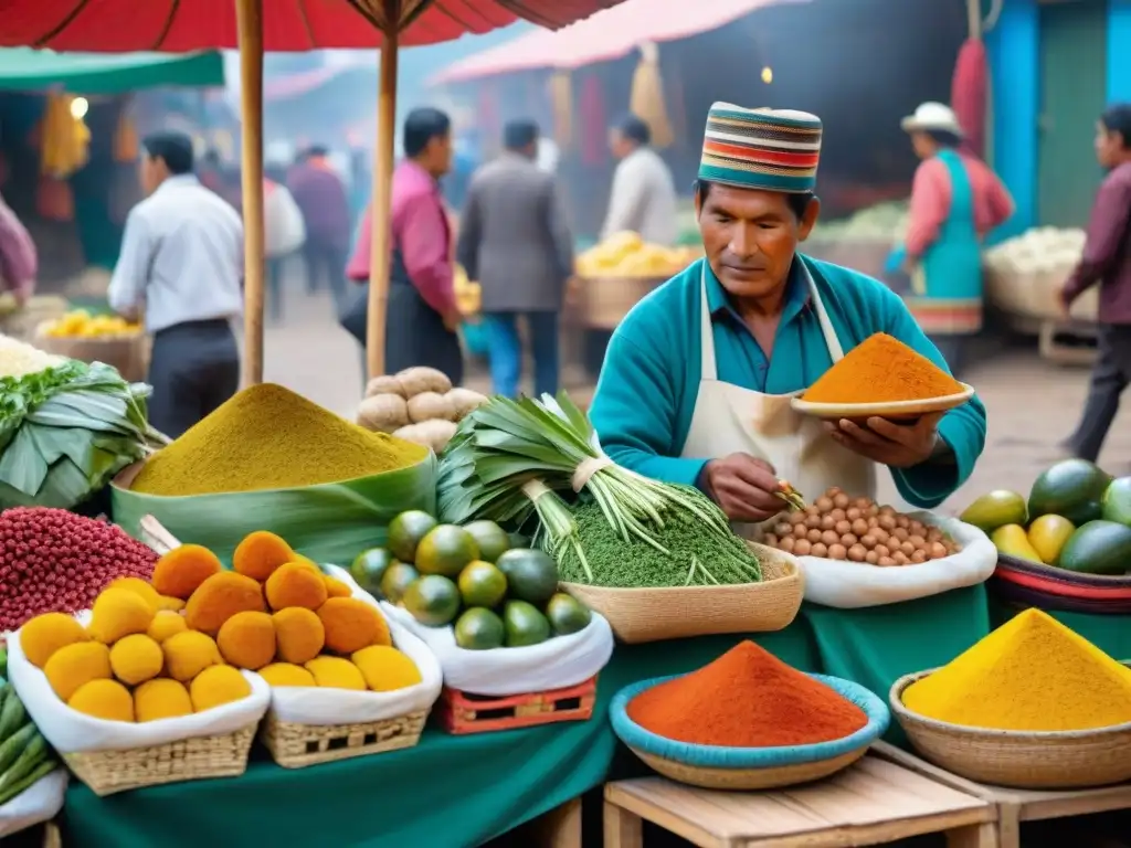 Un mercado peruano rebosante de color y vida, con ingredientes autóctonos de la gastronomía peruana en vibrante exhibición