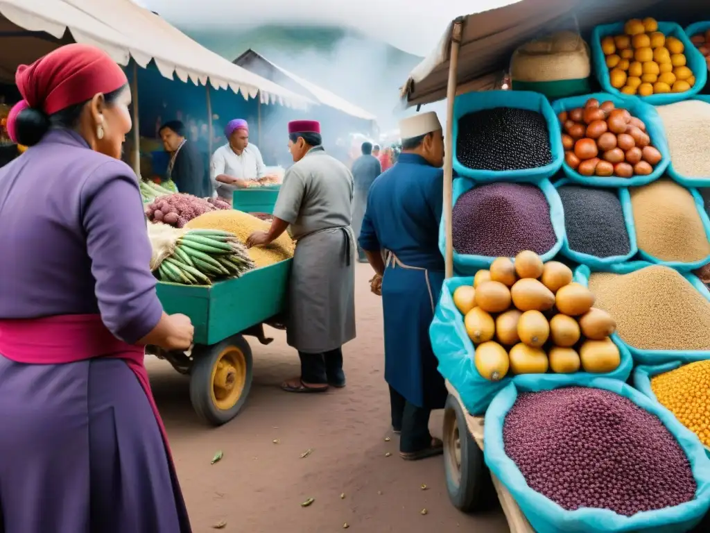 Un mercado peruano rebosante de colores y vida, con superfoods exóticos y chefs explorando ingredientes únicos