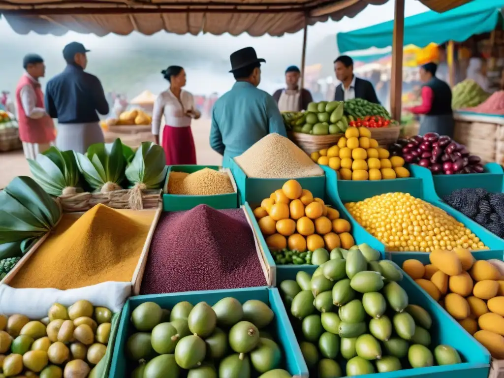 Mercado peruano rebosante de colores y sabores autóctonos: lucuma, chirimoya, quinua, maíz y ají