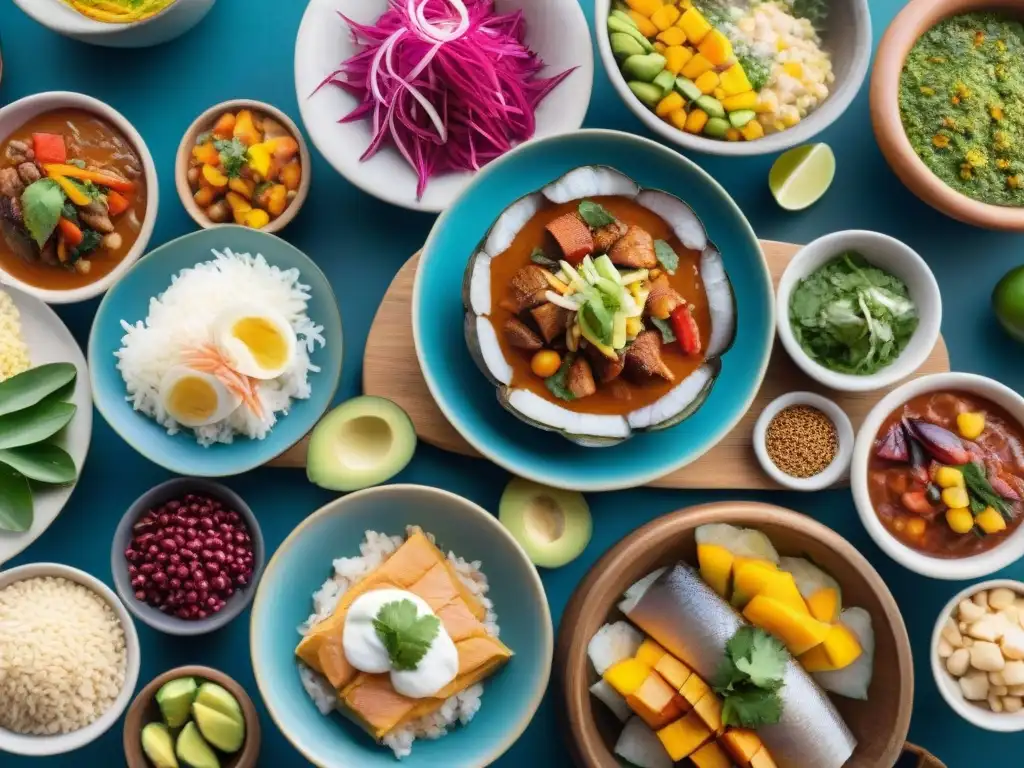 Mercado peruano rebosante de colores y sabores, con vendedores locales ofreciendo Gastronomía peruana platos tradicionales