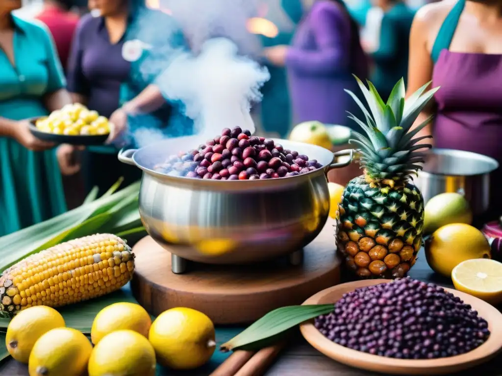 Un mercado peruano rebosante de colores y sabores: chicha morada y frutas tropicales