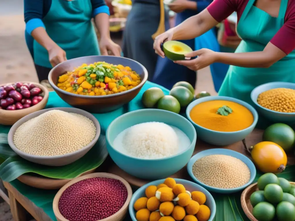 Un mercado peruano rebosante de colores y sabores, con mujeres preparando platillos icónicos