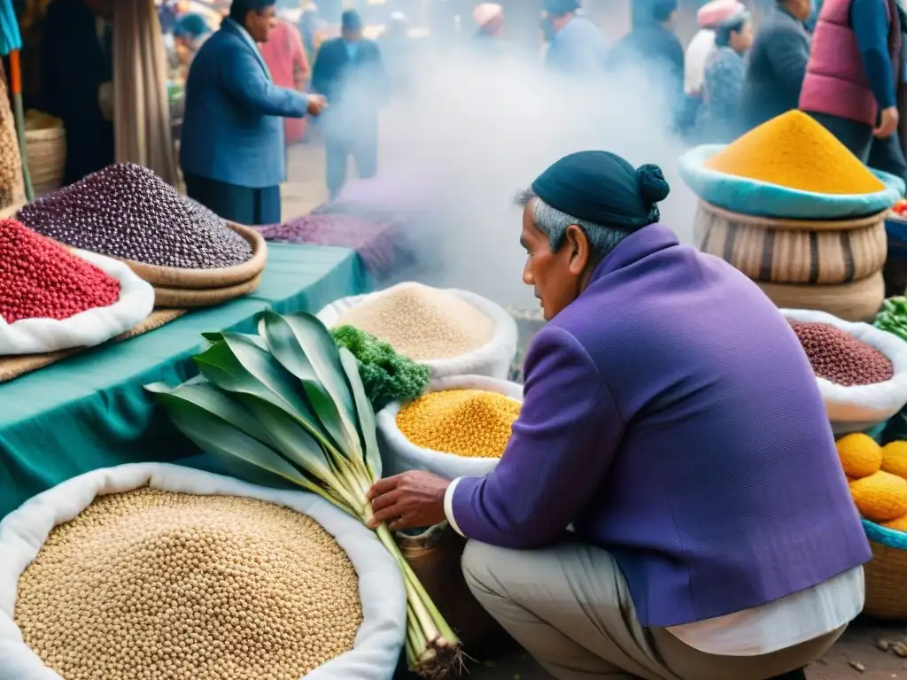 Un mercado peruano rebosante de colores con ingredientes autóctonos y vendedores locales en trajes tradicionales