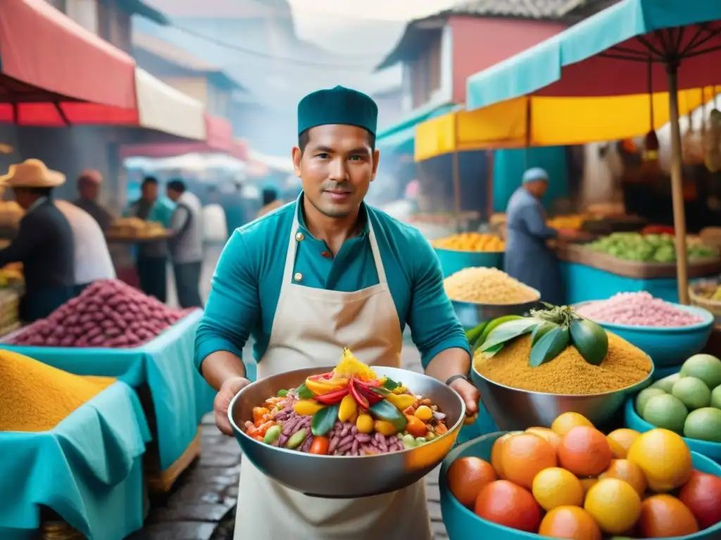 Un mercado peruano rebosante de colores y sabores, donde se preparan platos tradicionales