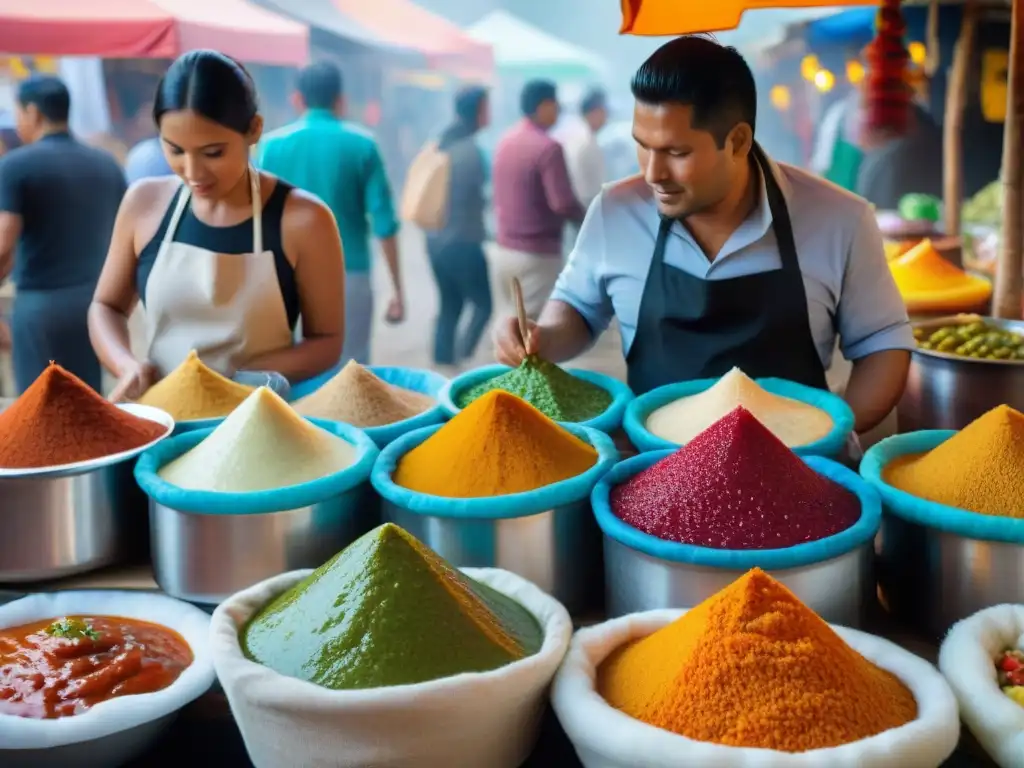 Mercado peruano rebosante de coloridas salsas tradicionales