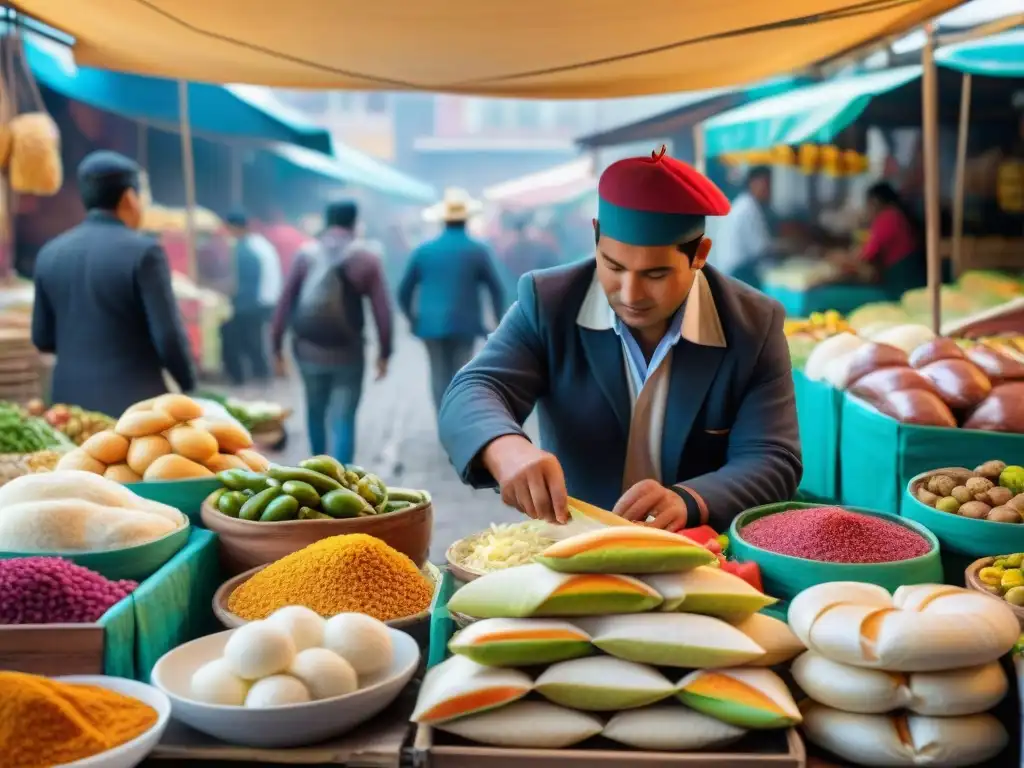 Mercado peruano rebosante de coloridas paradas vendiendo sánguches peruanos reinventados con ingredientes autóctonos