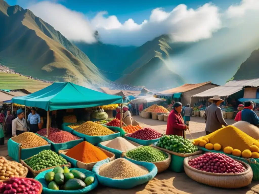 Mercado peruano rebosante de diversidad tubérculos peruanos, agricultura y coloridas telas tradicionales