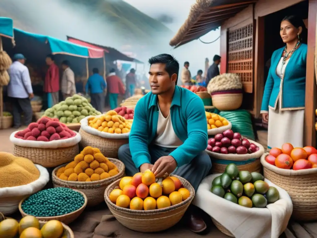 Mercado peruano rebosante de energía, con puestos coloridos de aguaymanto y textiles andinos